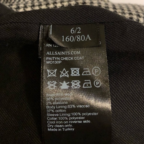 All Saints Paityn Check Coat Womens 2 Italian Wool Black Gray Lined - Picture 15 of 16
